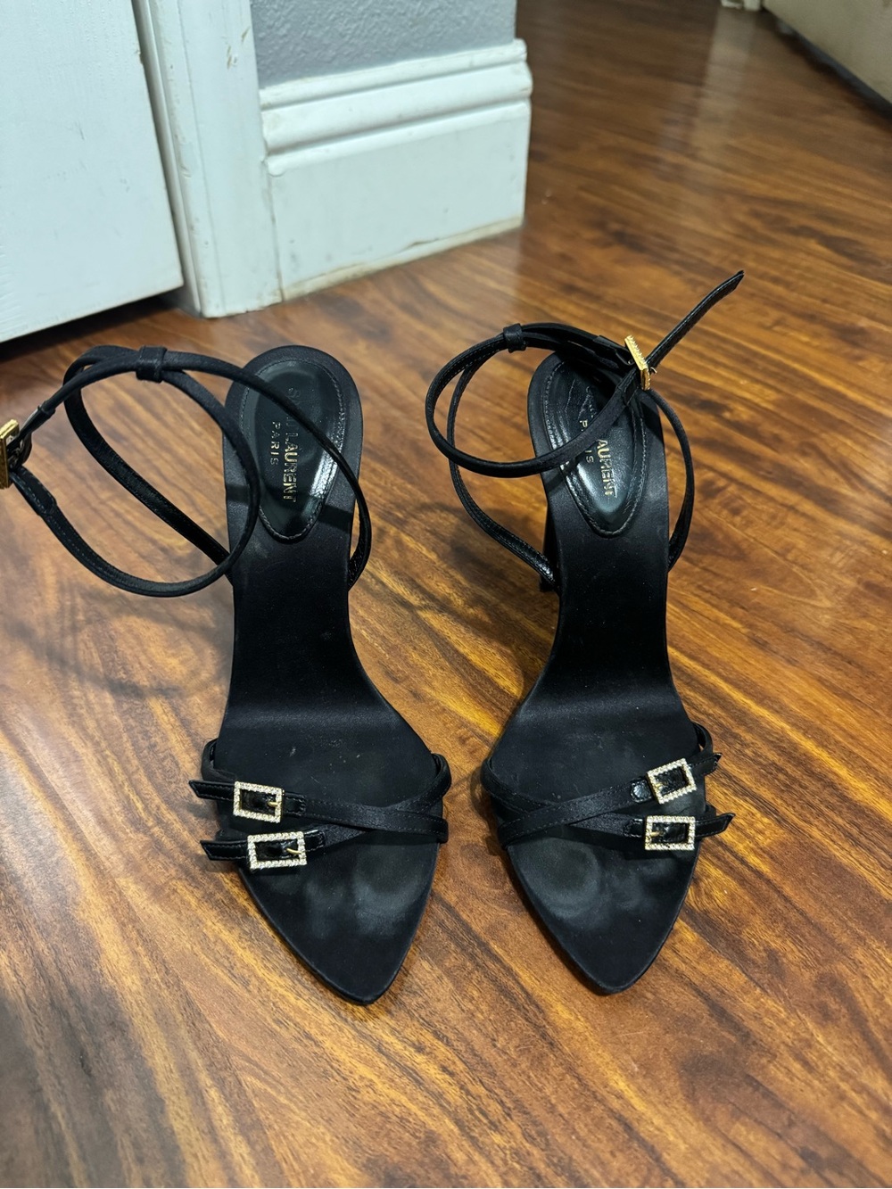 Saint Laurent Black Satin Pointed-Toe Ankle-Strap Heels with Crystal Buckles